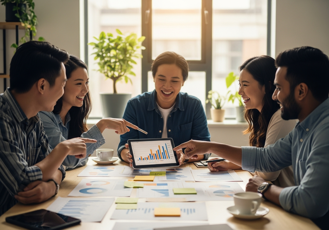 A small marketing team collaborating around printed charts and data insights